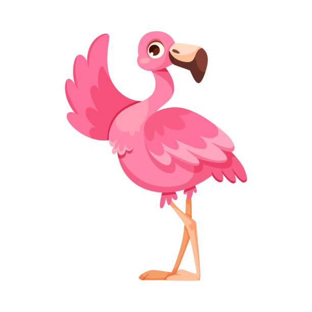 Pink Flamingo Character with Long Neck and Legs Waving Wing Vector Illustration. Cute Exotic Bird with Bright Plumage